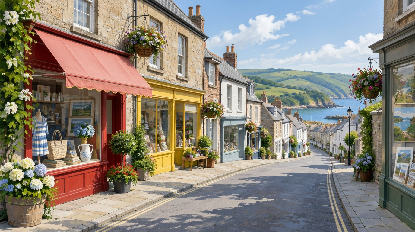 AI-generated contextual image of independent shopfronts on a coastal town high street; business news context
