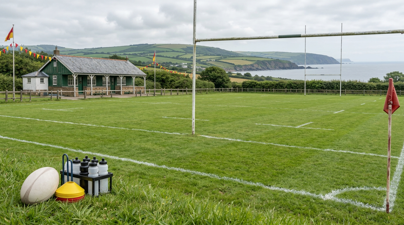 AI-generated contextual image of an empty rugby ground with goalposts, a pavilion and a rugby ball; grassroots sport story context